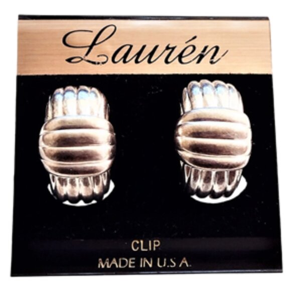 Lauren 7/8" Cross Band Lined Half Hoop Clip On Earrings Vintage Silver Tone Plat - Picture 1 of 3